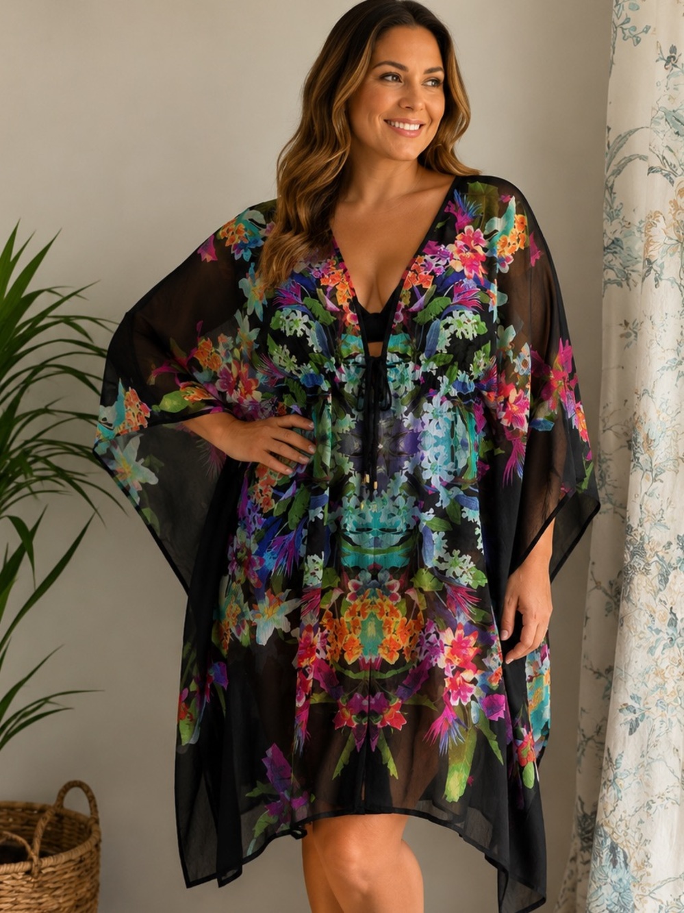 BLEU Rod Beattie Tropical Floral Chiffon Swim Cover-Up Kaftan L/XL
